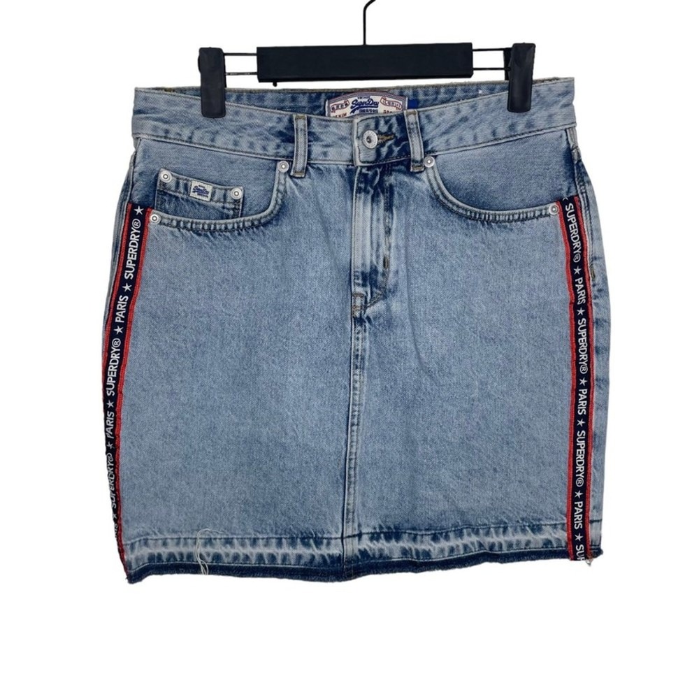 Superdry Denim Mini Skirt Light Wash Side Tape Paris Logo G72022CR Womens 28